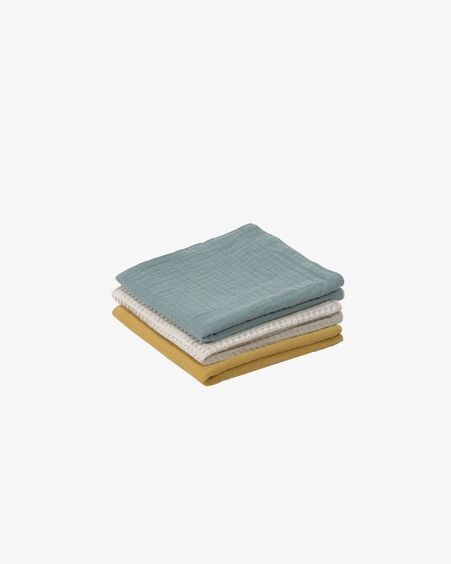 Set Lihuen de 3 toallas 100% algodón orgánico (GOTS) mostaza turquesa y beige