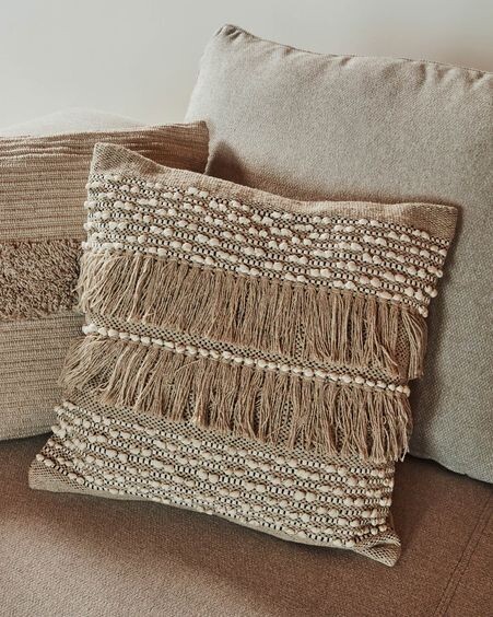 Funda cojín Malvina 100% algodón flecos beige 45 x 45 cm