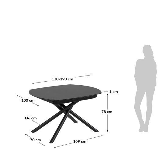 Mesa extensible Yodalia de cristal y patas de acero acabado negro 130 (190) x 100 cm