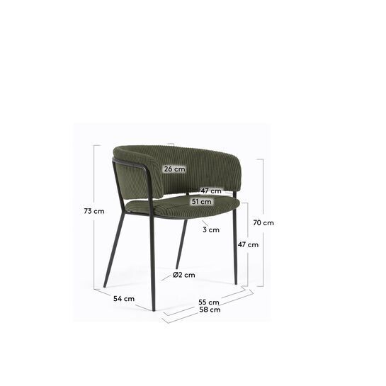 Silla Runnie de pana gruesa verde oscuro con patas de acero acabado pintado negro