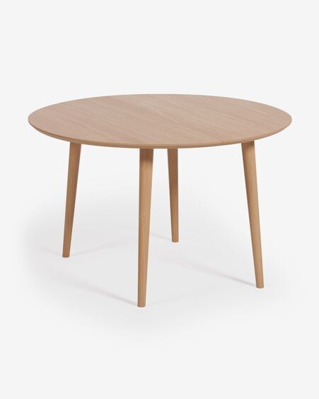Mesa extensible redonda Oqui chapa de roble y patas de madera maciza Ø 120 (200) x 120 cm