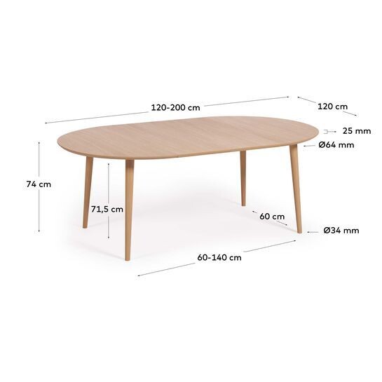 Mesa extensible redonda Oqui chapa de roble y patas de madera maciza Ø 120 (200) x 120 cm