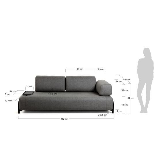 Sofá Compo 3 plazas gris oscuro con bandeja pequeña 232 cm