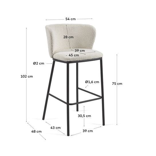 Taburete Ciselia de borreguito blanco y metal negro altura 75 cm