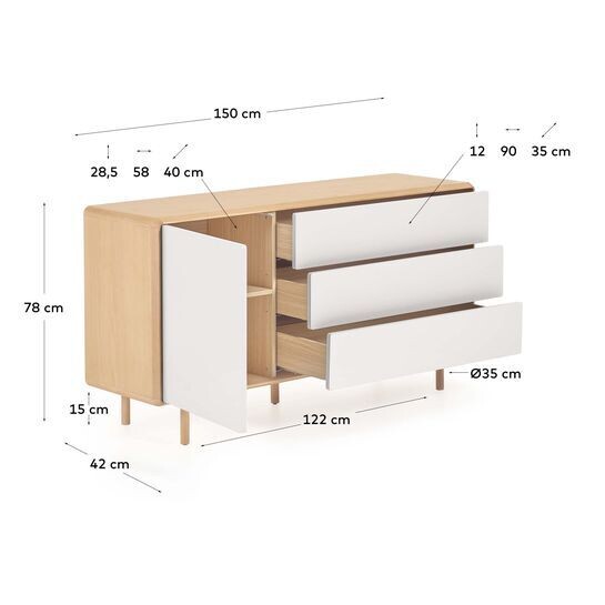 Aparador Anielle de madera maciza y chapa de fresno 150 x 78 cm