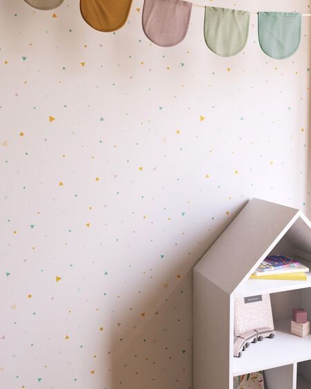 Papel pintado Miris con topos y triángulos turquesa y mostaza 10 x 0,53 m FSC MIX Credit