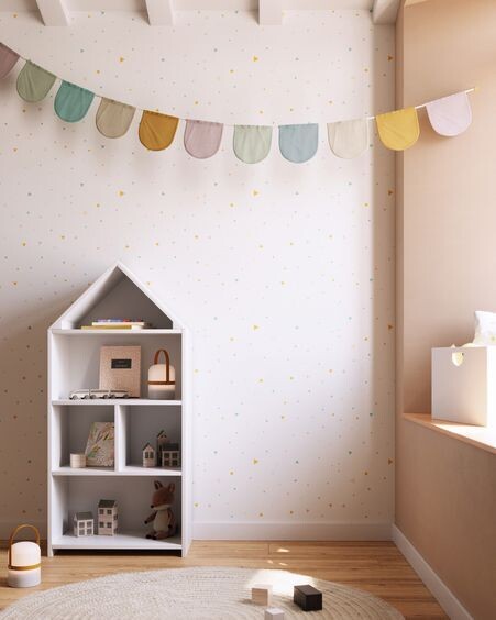 Papel pintado Miris con topos y triángulos turquesa y mostaza 10 x 0,53 m FSC MIX Credit