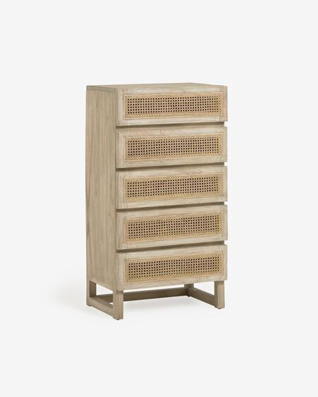 Cómoda Rexit 5 cajones madera maciza y chapa mindi con ratán 60 x 113 cm