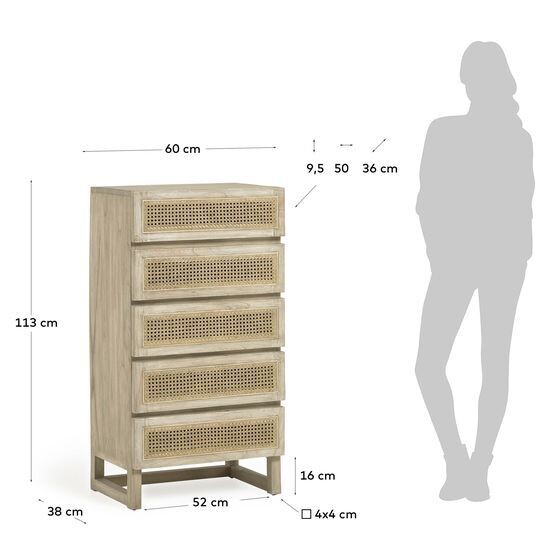 Cómoda Rexit 5 cajones madera maciza y chapa mindi con ratán 60 x 113 cm