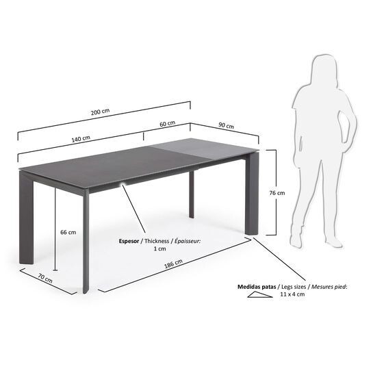 Mesa extensible Axis porcelánico acabado Vulcano Roca patas acero antracita 140 (200) cm