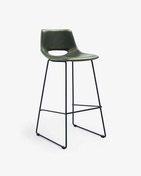 Taburete Zahara piel sintética verde y acero con acabado negro altura 76 cm