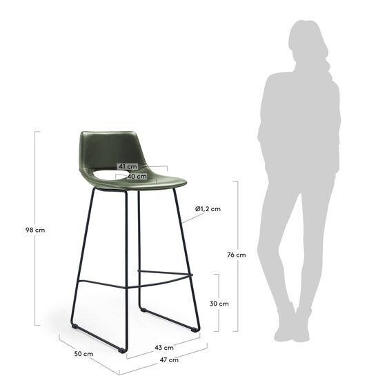 Taburete Zahara piel sintética verde y acero con acabado negro altura 76 cm