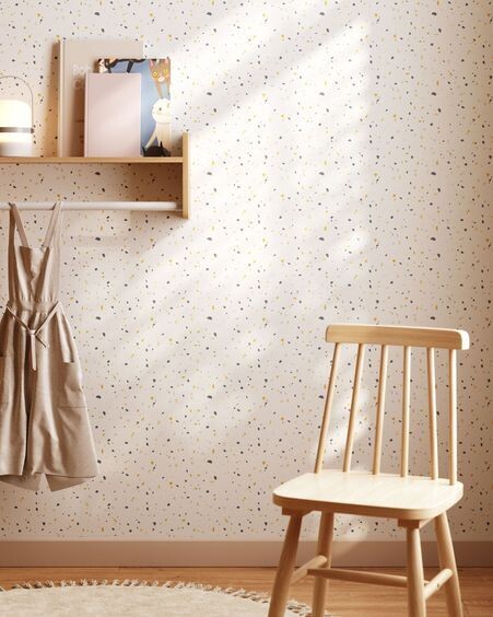 Papel pintado Nerta blanco estampado de terrazo azul y mostaza 10 x 0,53 m FSC MIX Credit