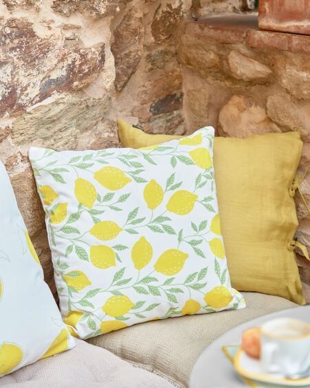 Funda cojín Etel 100% algodón limones amarillo y hojas verde 45 x 45 cm