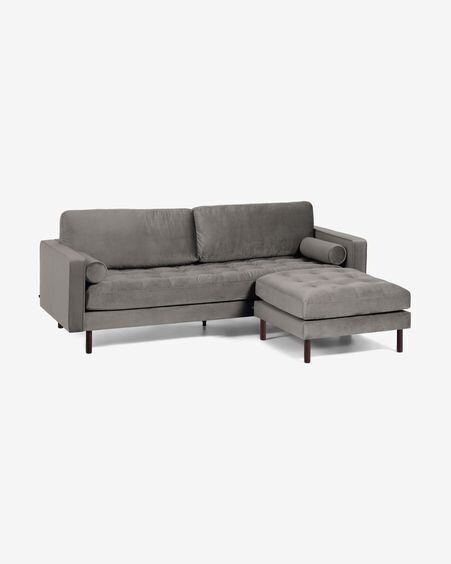 Sofá Debra 3 plazas con reposapiés terciopelo gris 222 cm