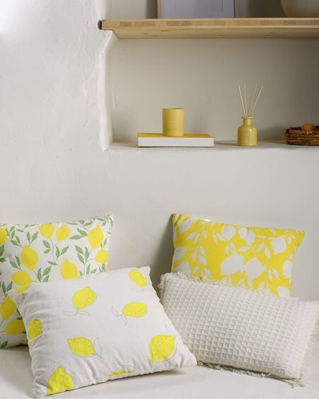 Funda cojín Etel 100% algodón limones amarillo y hojas verde 45 x 45 cm