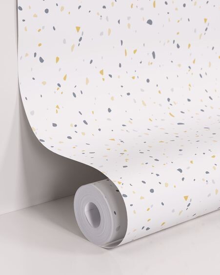 Papel pintado Nerta blanco estampado de terrazo azul y mostaza 10 x 0,53 m FSC MIX Credit
