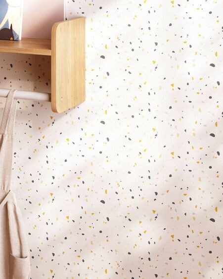 Papel pintado Nerta blanco estampado de terrazo azul y mostaza 10 x 0,53 m FSC MIX Credit