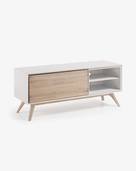 Mueble TV Eunice 1 puerta de chapa de fresno y lacado blanco 134 x 56 cm