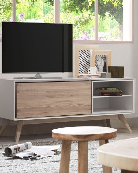 Mueble TV Eunice 1 puerta de chapa de fresno y lacado blanco 134 x 56 cm