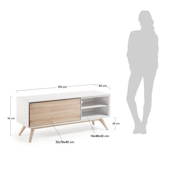 Mueble TV Eunice 1 puerta de chapa de fresno y lacado blanco 134 x 56 cm