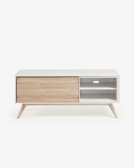 Mueble TV Eunice 1 puerta de chapa de fresno y lacado blanco 134 x 56 cm