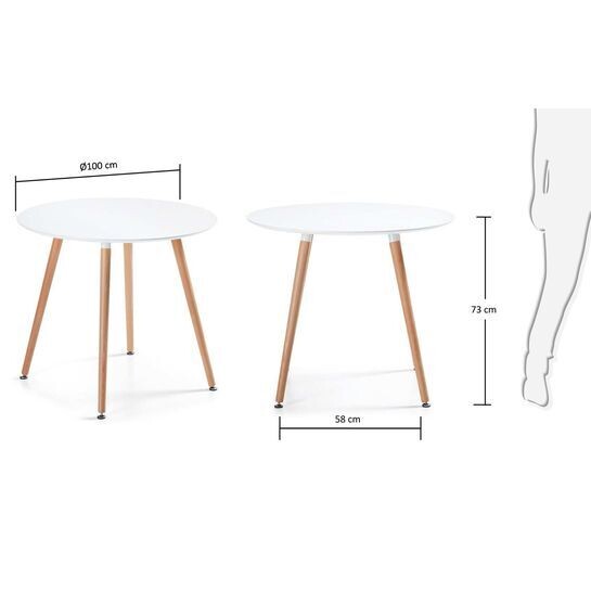 Mesa redonda Wad lacado blanco y patas de madera maciza de haya Ø 100 cm