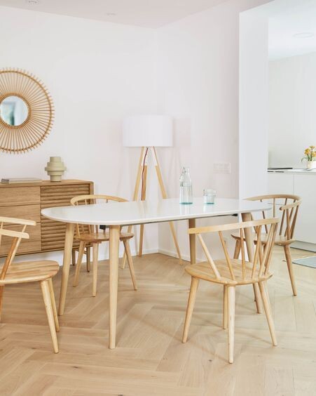 Mesa extensible Oqui MDF lacado blanco y patas madera maciza haya 160 (260) x 100 cm