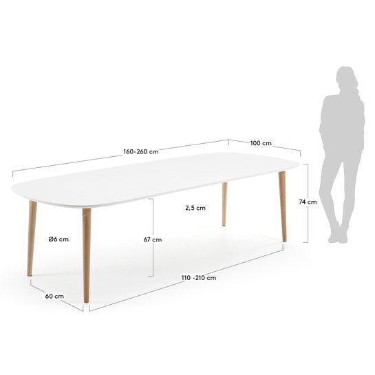 Mesa extensible Oqui MDF lacado blanco y patas madera maciza haya 160 (260) x 100 cm