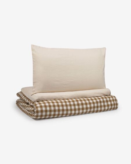 Set Indalina funda nórdica, bajera y funda almohada 100% algodón GOTS cuadros 70 x 140 cm