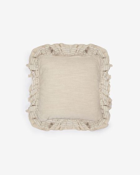 Funda de cojín Deva de lino natural y borde con rayas beige 45 x 45 cm