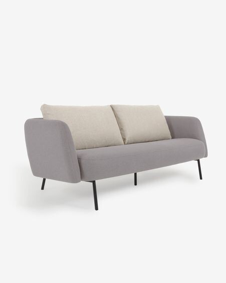 Sofá Walkyria 3 plazas gris con cojines beige y patas de metal acabado negro 195 cm