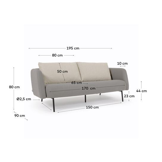 Sofá Walkyria 3 plazas gris con cojines beige y patas de metal acabado negro 195 cm