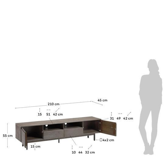 Mueble de TV Indiann de madera maciza de acacia y acero acabado negro 210 x 45 cm