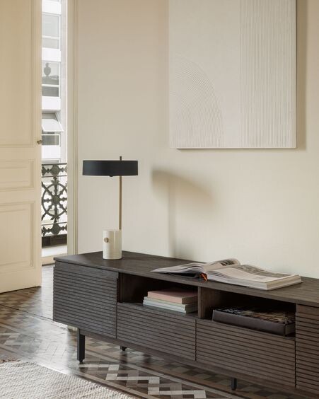 Mueble de TV Indiann de madera maciza de acacia y acero acabado negro 210 x 45 cm