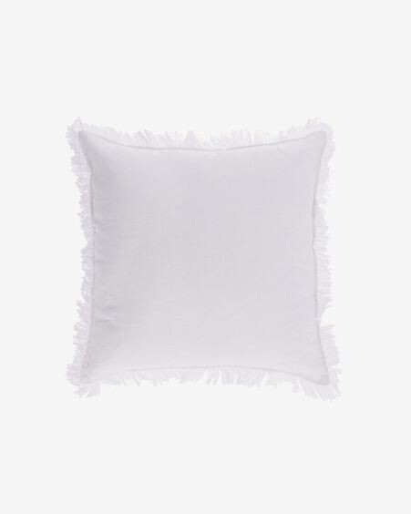 Funda cojín Almira de algodón y lino flecos blanco 45 x 45 cm