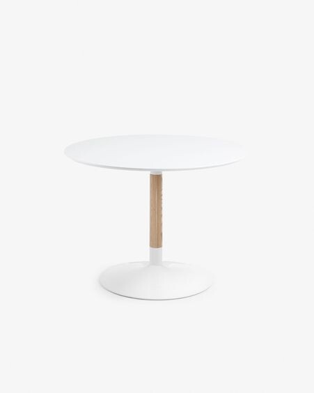 Mesa redonda Trick Ø 110 cm lacado blanco pie madera maciza fresno y acero acabado blanco