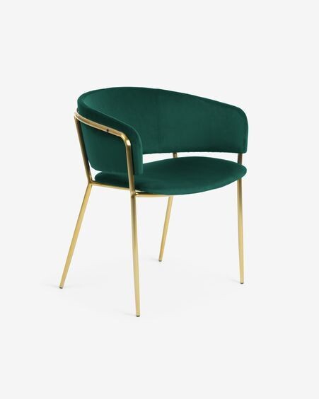 Silla Runnie de terciopelo verde con patas de acero con acabado dorado