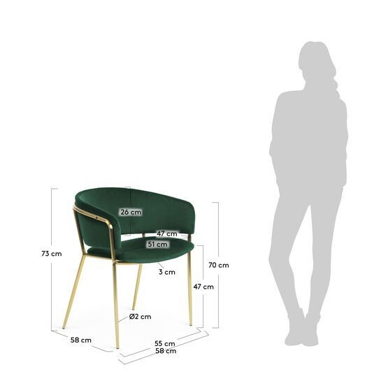Silla Runnie de terciopelo verde con patas de acero con acabado dorado
