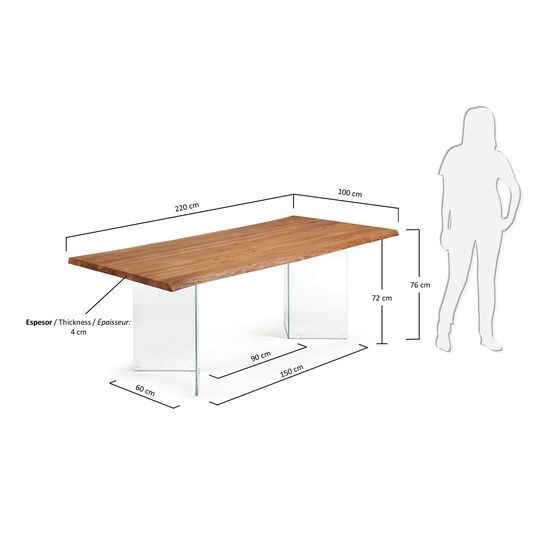 Mesa Lotty de chapa de roble con acabado natural y patas de cristal 220 x 100 cm