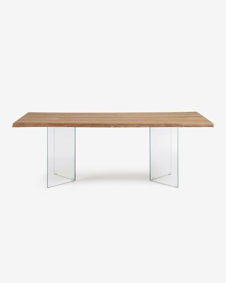 Mesa Lotty de chapa de roble con acabado natural y patas de cristal 220 x 100 cm
