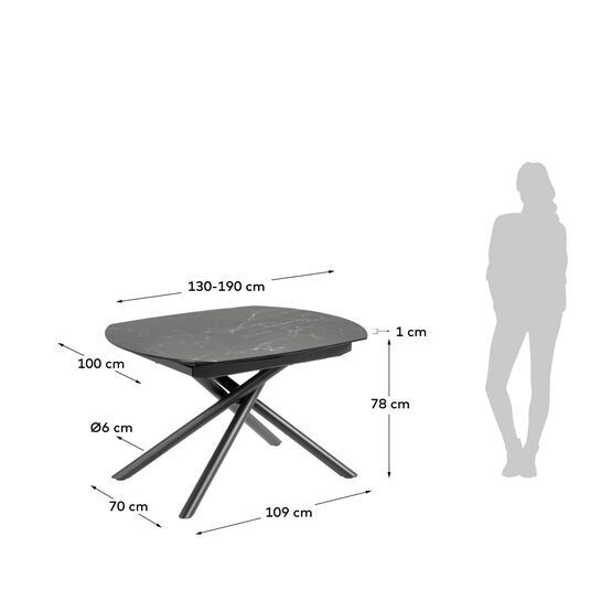 Mesa extensible Yodalia 130 (190) x 100 cm porcelánico patas de acero acabado negro
