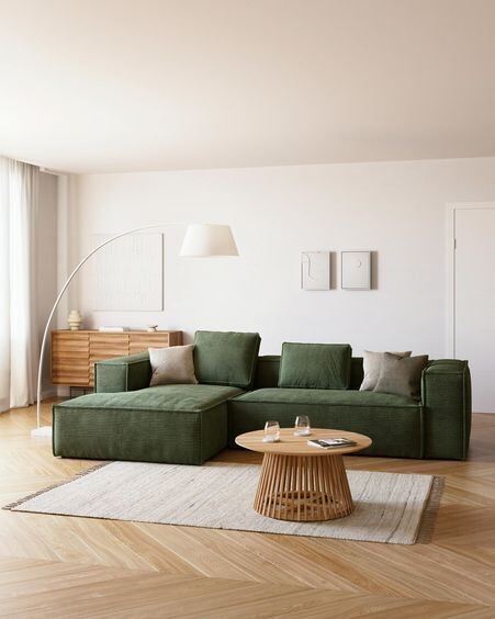 Sofá Blok 3 plazas chaise longue izquierdo pana gruesa verde 300 cm