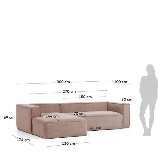 Sofá Blok 3 plazas chaise longue izquierdo pana gruesa rosa 300 cm