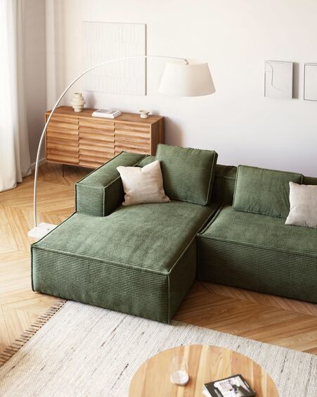 Sofá Blok 3 plazas chaise longue izquierdo pana gruesa verde 300 cm