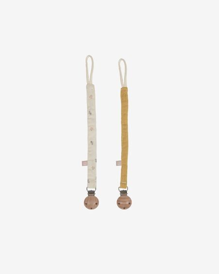 Set Yamile de 2 chupeteros algodón orgánico (GOTS) mostaza y beige con hojas multicolor