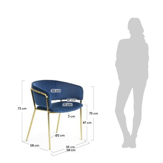 Silla Runnie de terciopelo azul con patas de acero con acabado dorado