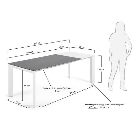 Mesa extensible Axis porcelánico acabado Vulcano Roca patas blanco 160 (220) cm