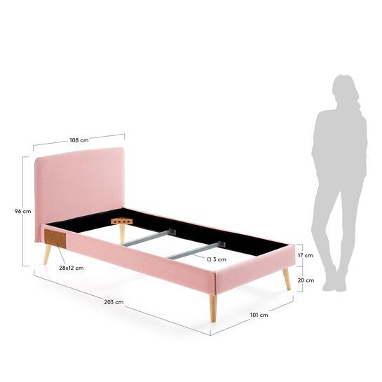 Cama desenfundable Dyla rosa con patas de madera maciza de haya 90 x 190 cm