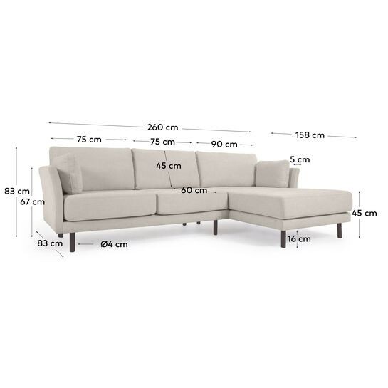 Sofá Gilma 3 plazas con chaise longue derecho/izquierdo beige y patas negro 260 cm